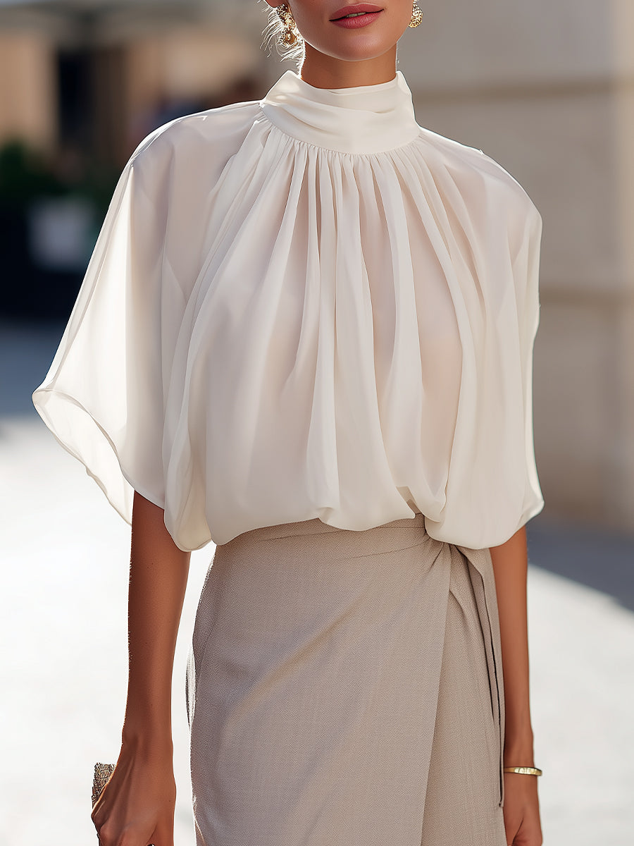 High-Neck Pleated Blouse With Voluminous Flutter Sleeves