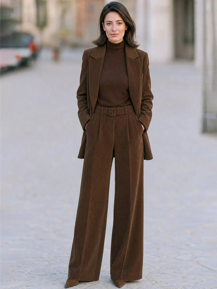 Elegant Corduroy Tailored Blazer And Wide Leg Pants Suit Set