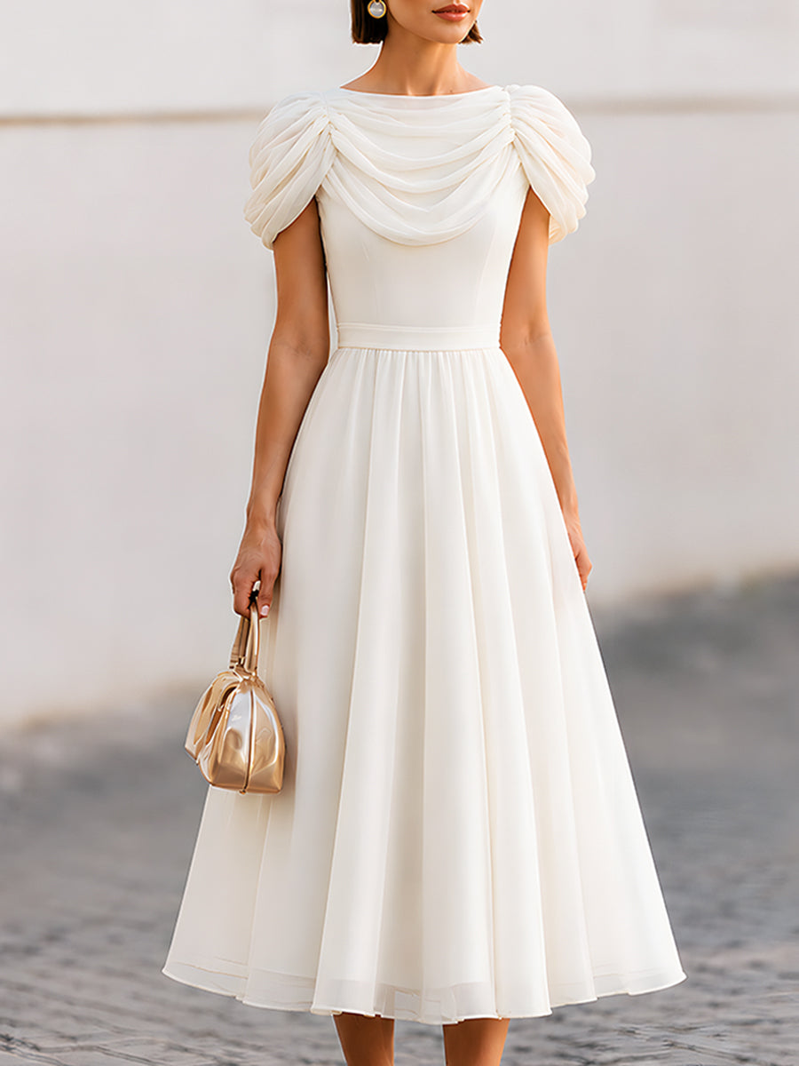Elegant Draped Sleeve Midi Dress With Fitted Waist