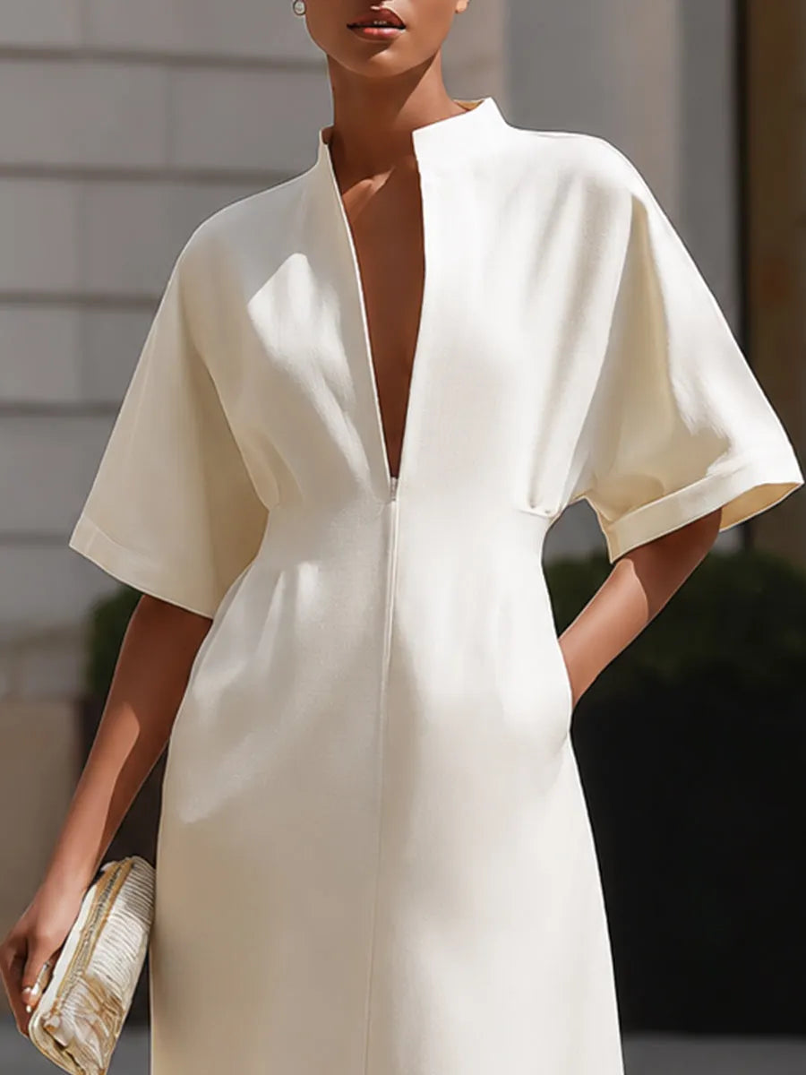 Zip-Front V-Neck Midi Dress With Structured Waist