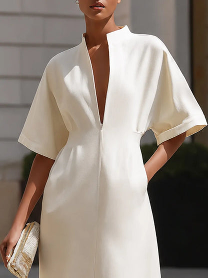 Zip-Front V-Neck Midi Dress With Structured Waist