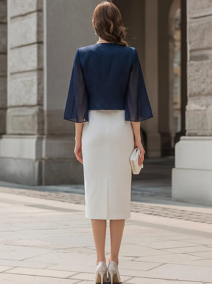 Jacquard Mesh Sleeve Cropped Jacket & White Square Neck Pencil Midi Dress Two-Piece Set