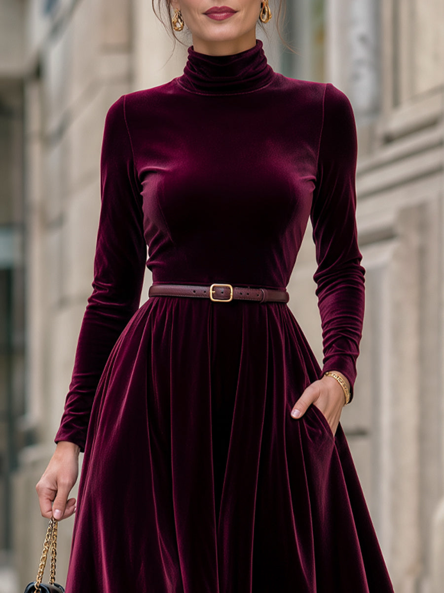 Velvet Turtleneck Belted Structured Midi Dress