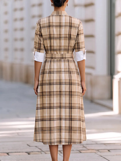 Plaid Belted Shirt Midi Dress