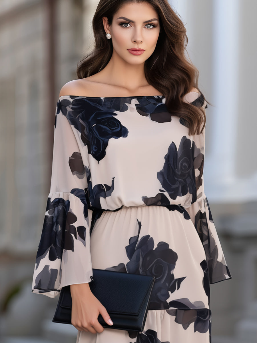 Off-Shoulder Floral Print Bell Sleeve Tiered Maxi Dress