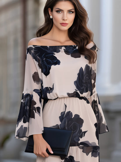 Off-Shoulder Floral Print Bell Sleeve Tiered Maxi Dress