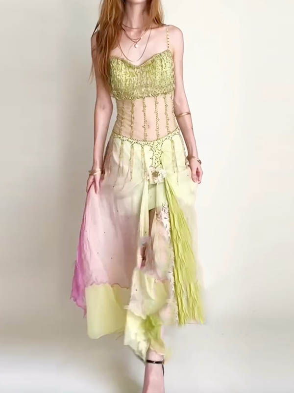 3D Flower mesh Ruffled Sleeveless Spaghetti-Neck Maxi Dresses Fairytale Dress