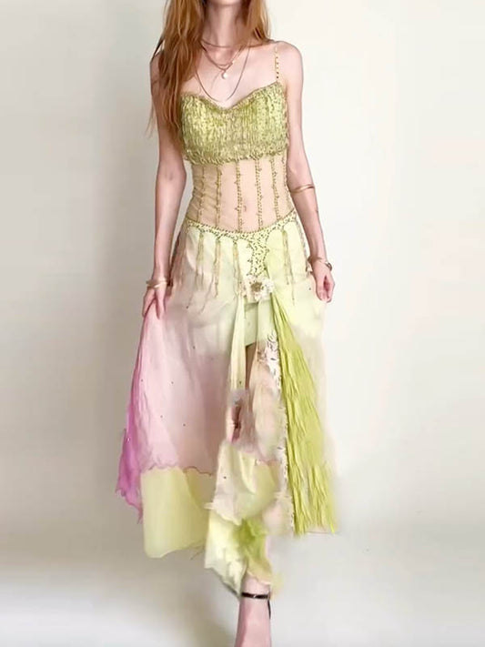 Robes longues à fines bretelles sans manches à volants en maille de fleurs 3D, robe de conte de fées