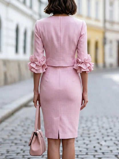 Elegant Ruffle Sleeve Blazer And Pencil Skirt Set