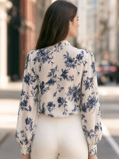 Floral Tie-Neck Balloon-Sleeve Blouse
