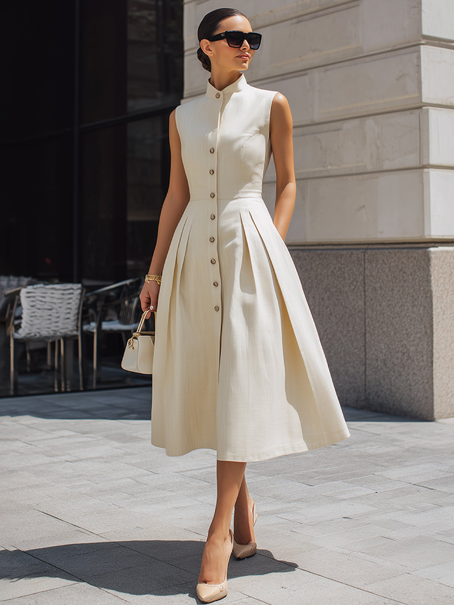 Sleeveless Stand-Collar Pleated Midi Shirt Dress