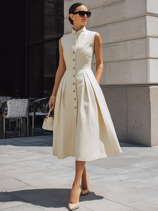 Sleeveless Stand-Collar Pleated Midi Shirt Dress