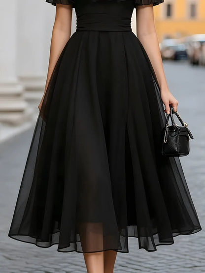 Off-Shoulder Ruffle Organza A-Line Midi Dress