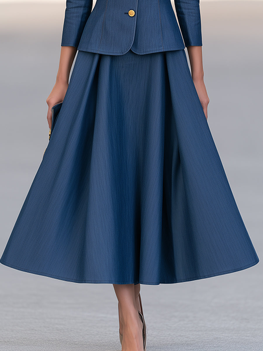 Elegant Stand Collar Ruffled Blazer Jacket And A-Line Skirt Set