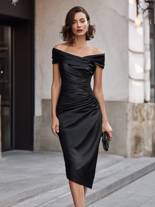 Off Shoulder Ruched Asymmetrical Midi Dress