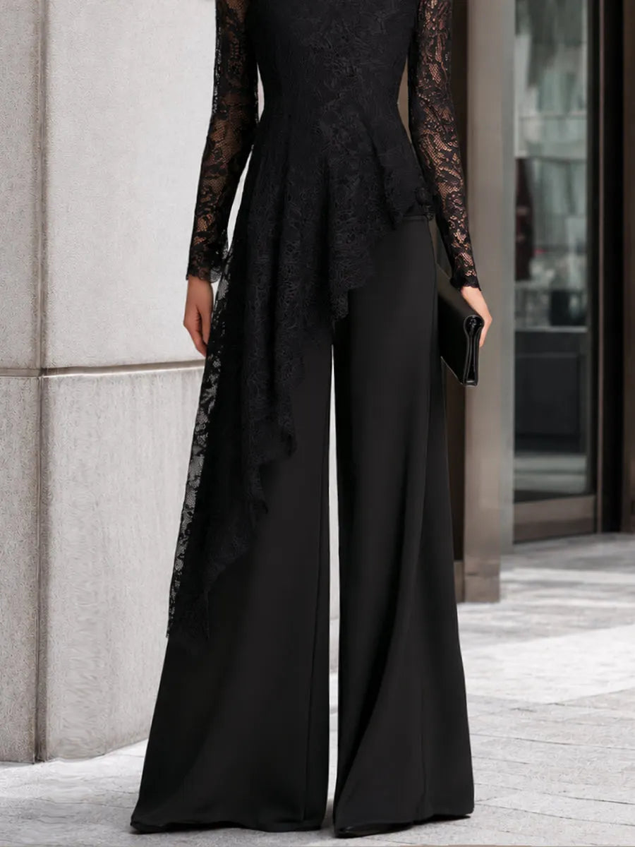 Lace Overlay Asymmetric Wide-Leg Jumpsuit