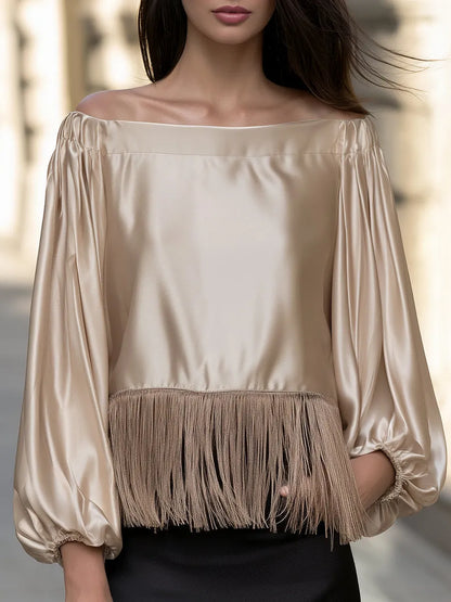 Satin Fringe Detail Puff Sleeves Off-Shoulder Blouse