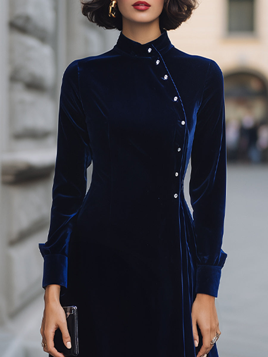 Asymmetric Button-Bodice Velvet A-Line Midi Dress