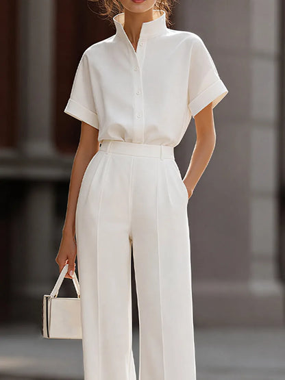 Mandarin-Collar Short-Sleeve Shirt & High-Waisted Wide-Leg Trousers Two-Piece Suit