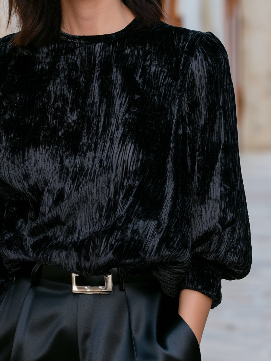 Crushed Velvet Puff-Sleeve Blouse