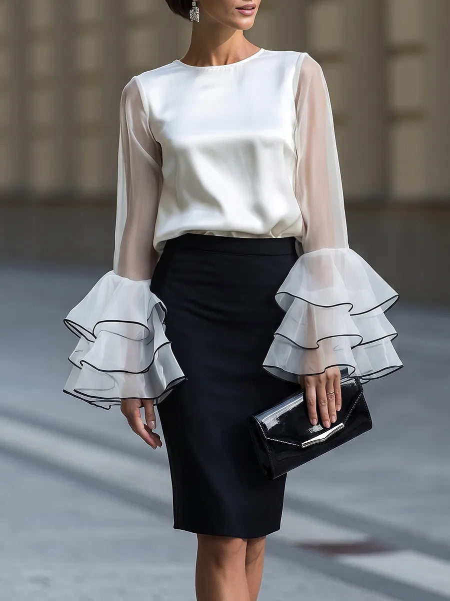 Sheer Ruffle Sleeve Satin Blouse & High-Waist Pencil Skirt Set