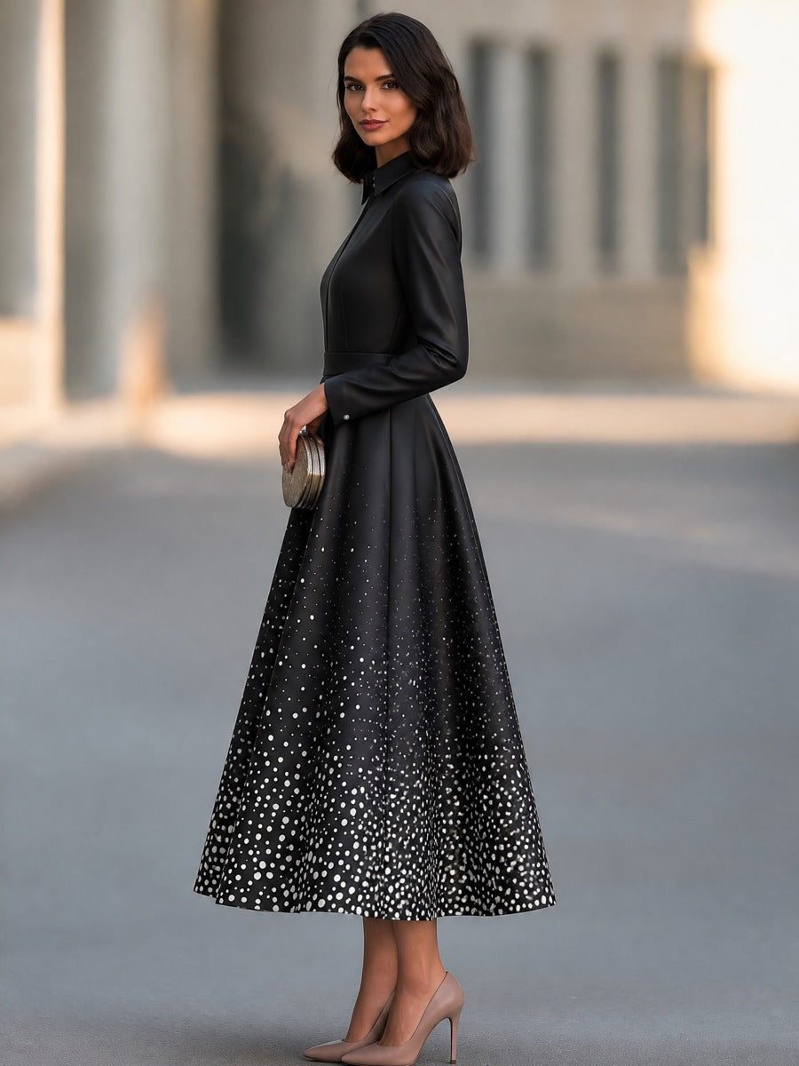 Women's Black Long-Sleeve Collared Polka Dot A-Line Midi Dress