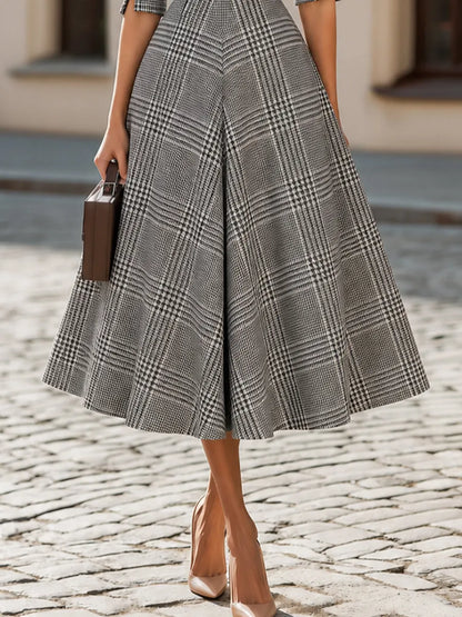 3/4 Split Sleeve Plaid Flared Midi  Dress