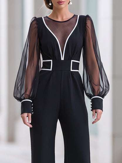 Black Contrast White Trim Sheer Mesh Sleeve Wide Leg Jumpsuit