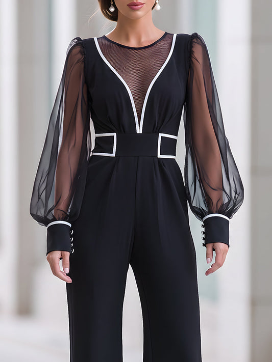 Black Contrast White Trim Sheer Mesh Sleeve Wide Leg Jumpsuit