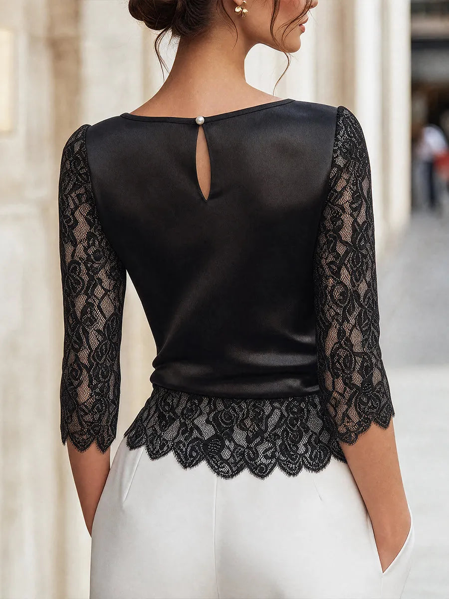 Lace-Sleeve Contrast Paneled Structured Top