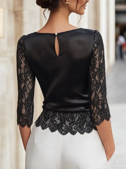 Lace-Sleeve Contrast Paneled Structured Top