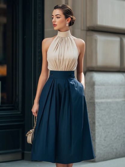 Halter-Neck Gathered Bodice Pleated Midi Dress