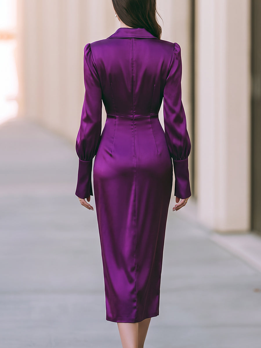Satin Lapel Button Front Ruched Waist Midi Dress
