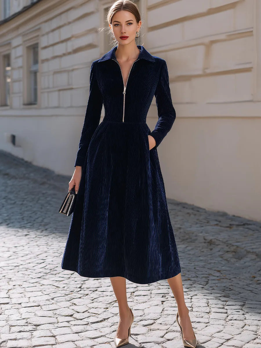 Vertical Corduroy Lapel Zip Front Midi Fit-and-Flare Dress