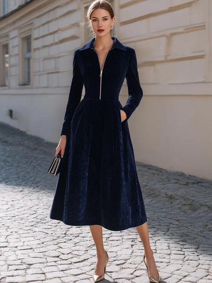 Vertical Corduroy Lapel Zip Front Midi Fit-and-Flare Dress