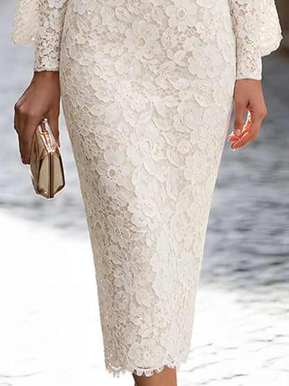 Ivory Floral Lace Long Sleeve Midi Dress