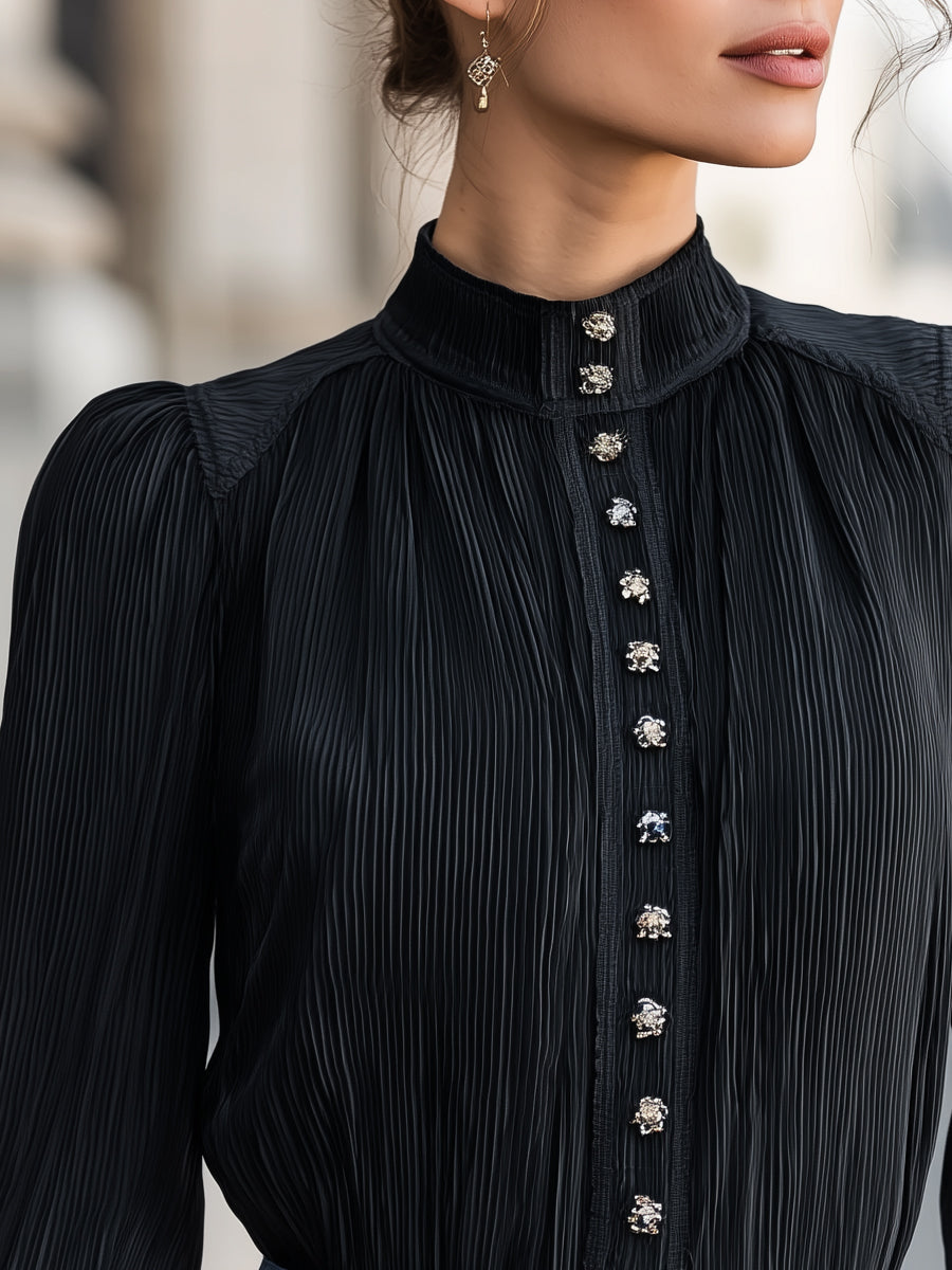 Pleated Stand Collar Front Buttons Blouse