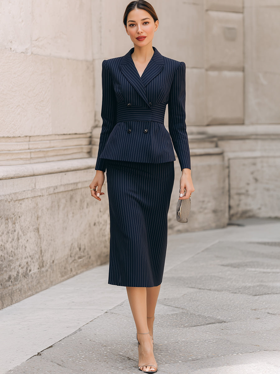 Navy Pinstripe Tailored Blazer And Pencil Skirt Suit Set