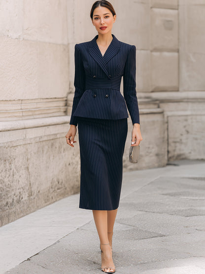 Navy Pinstripe Tailored Blazer And Pencil Skirt Suit Set