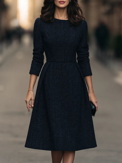 Round-Neck Pleated Waist Textured Tweed A-Line Midi Dress