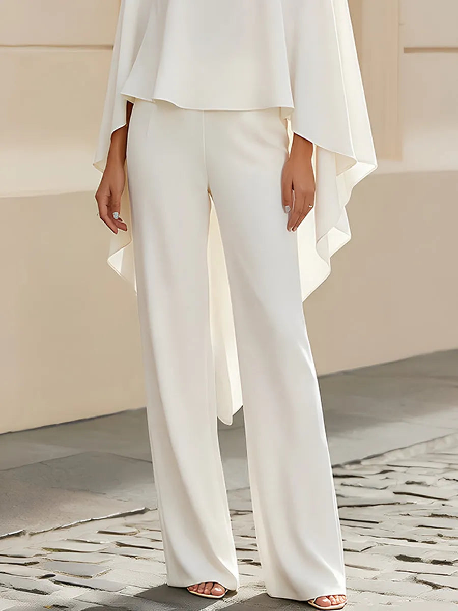 Boat Neck Cape Sleeve Cropped Blouse & High Waist Wide Leg Pants Two-Piece Set