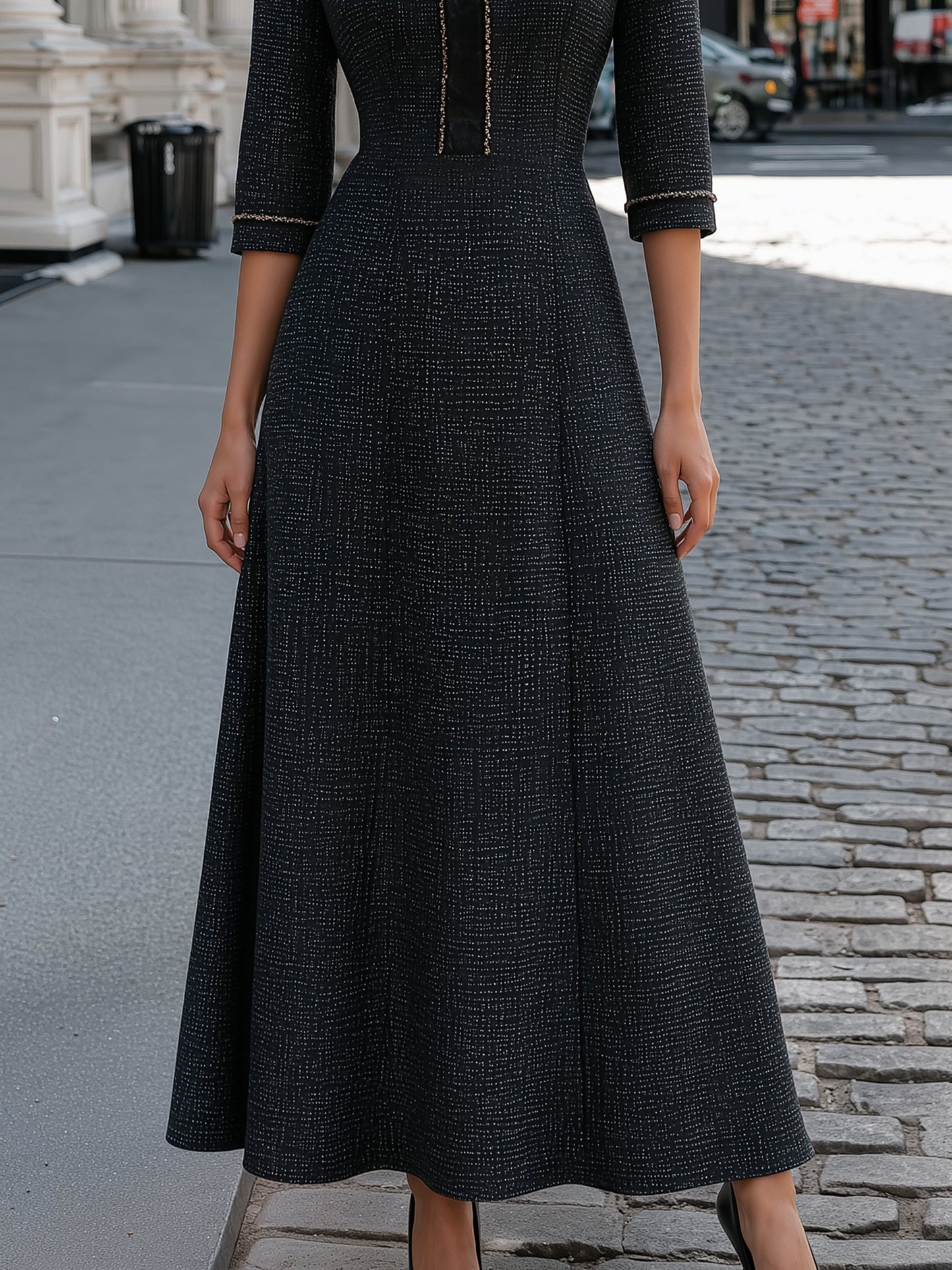Tweed-Texture Bow-Collar A-Line Maxi Dress