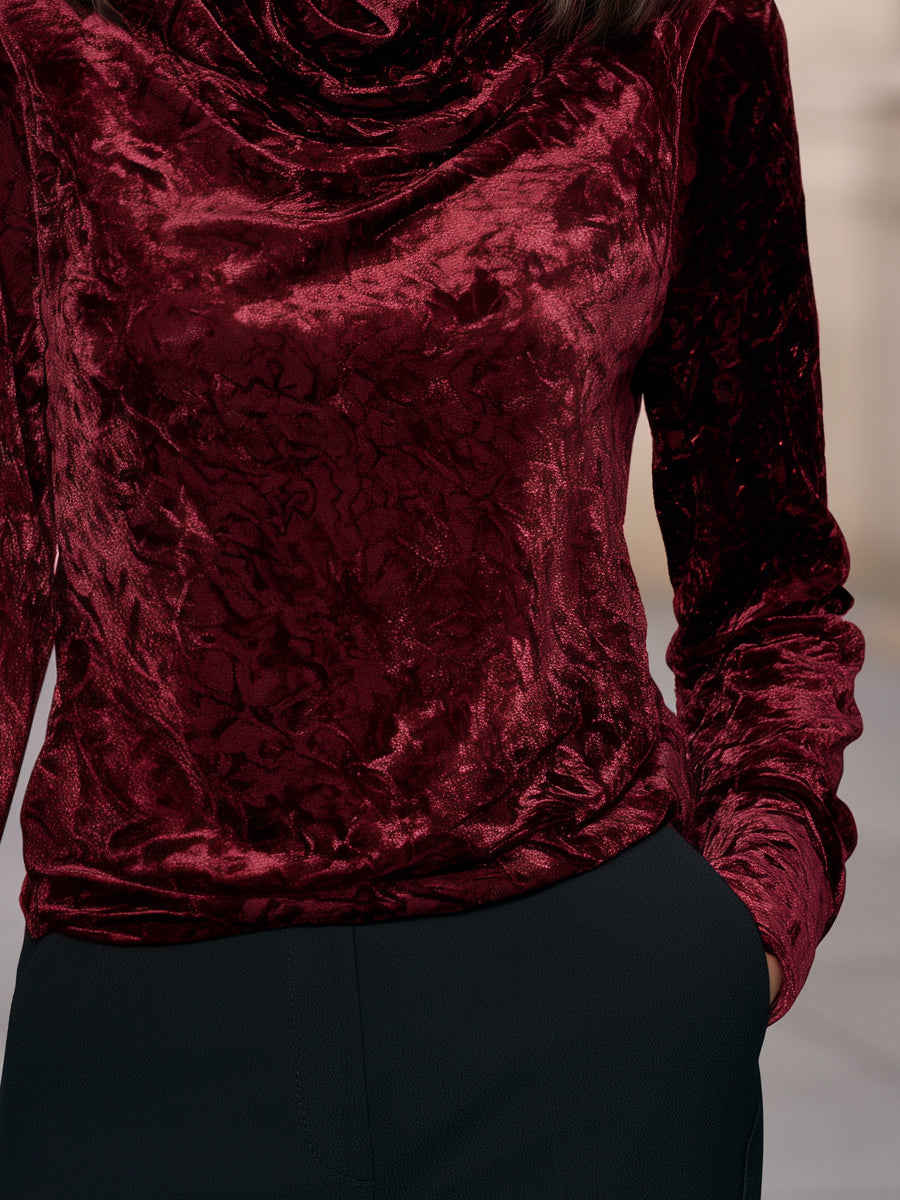 Elegant Velvet Cowl Neck Long Sleeve Blouse