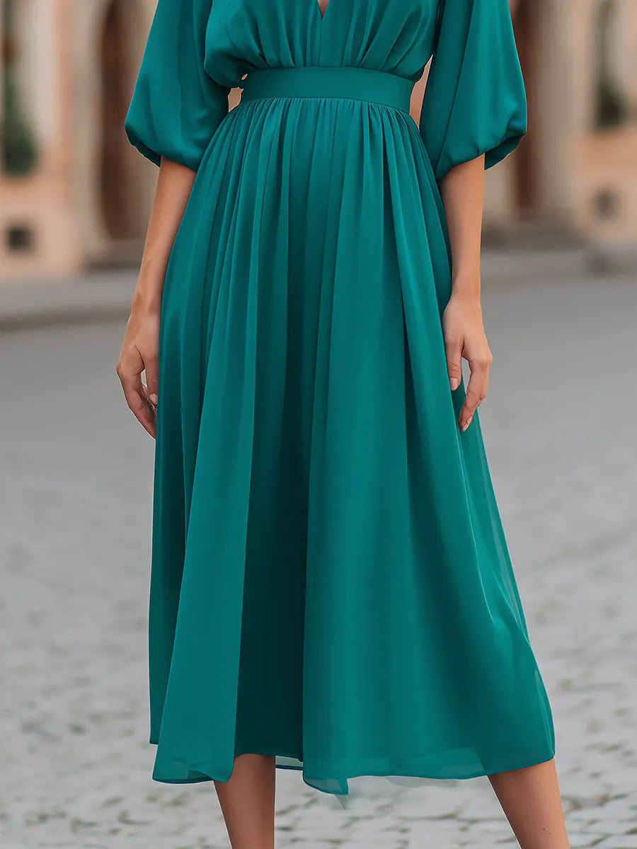 Deep V-Neck Gathered Waist Flowing Midi Dress