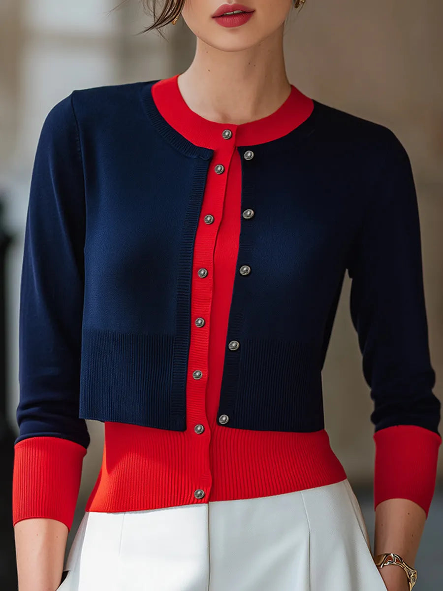 Color-Blocked Layered Button-Down Knit Cardigan