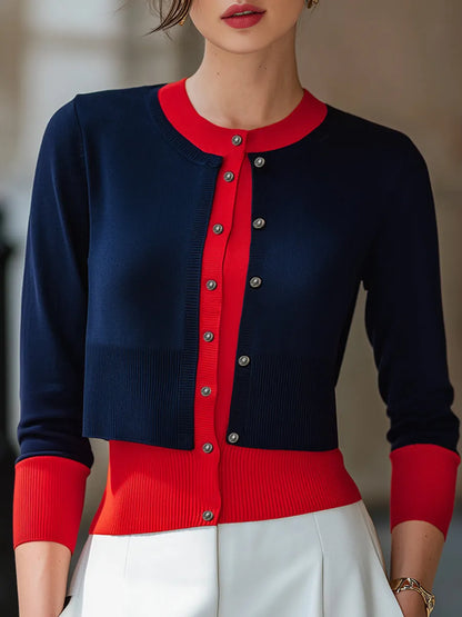 Color-Blocked Layered Button-Down Knit Cardigan