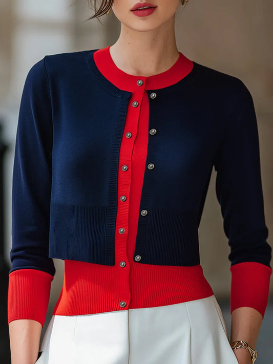 Color-Blocked Layered Button-Down Knit Cardigan