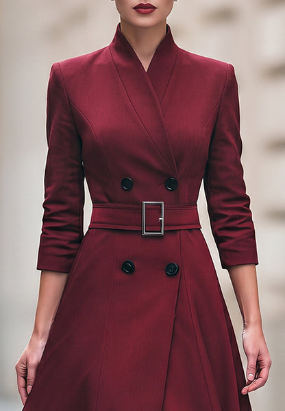 Belted Double-Breasted A-Line Midi Dress