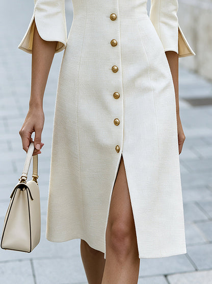 Tweed V-Neck Button Front Midi Dress