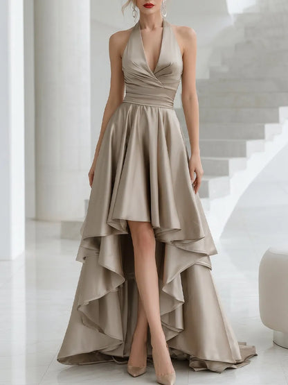 Halter Wrap Satin Layered High-Low Gown